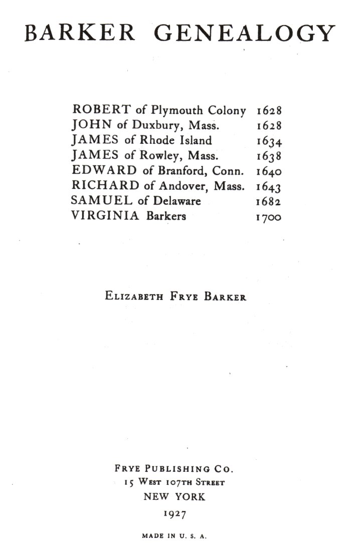 Title Page of Barker Genealogy by Elizabeth Frye Barker