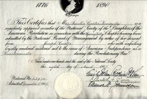 DAR certificate for Amelia Carter Kennedy